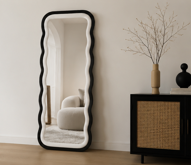 Waved Dual Tone Mirror – Black & White Fabric Statement Wall Décor
