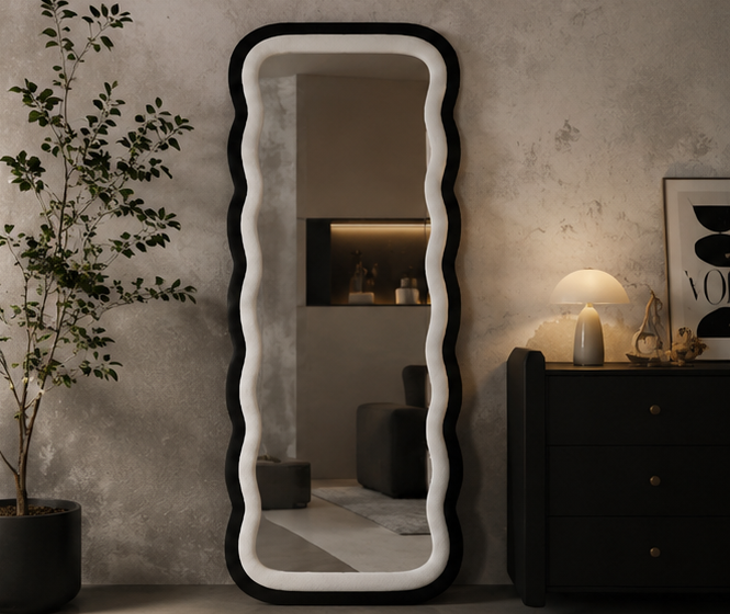 Waved Dual Tone Mirror – Black & White Fabric Statement Wall Décor