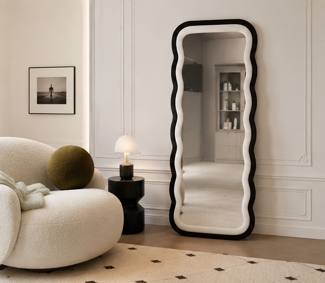 Waved Dual Tone Mirror – Black & White Fabric Statement Wall Décor