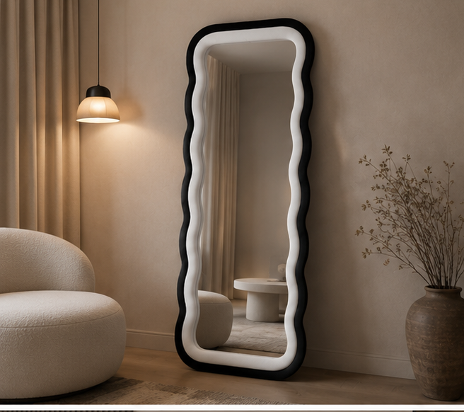 Waved Dual Tone Mirror – Black & White Fabric Statement Wall Décor