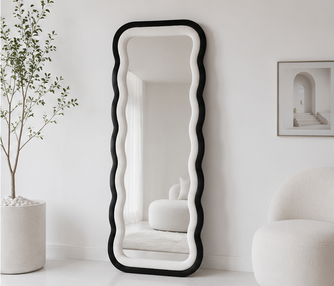 Waved Dual Tone Mirror – Black & White Fabric Statement Wall Décor