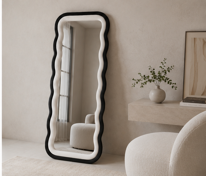 Waved Dual Tone Mirror – Black & White Fabric Statement Wall Décor
