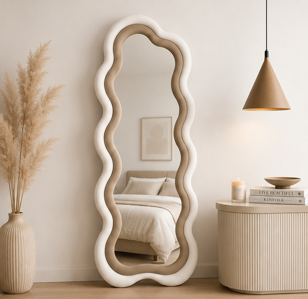 Classy Waved Reflekt Mirror – Double-Layer Two-Tone Fabric Décor