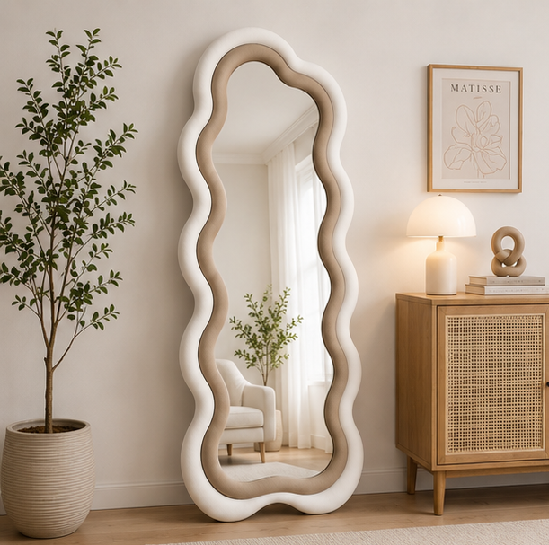 Classy Waved Reflekt Mirror – Double-Layer Two-Tone Fabric Décor