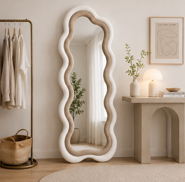 Classy Waved Reflekt Mirror – Double-Layer Two-Tone Fabric Décor