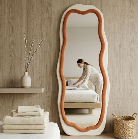 New Gen Wavy Mirror – Handcrafted Contrast-Trim Fabric Wall Décor