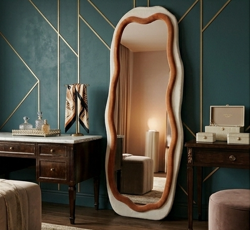 New Gen Wavy Mirror – Handcrafted Contrast-Trim Fabric Wall Décor