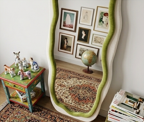 New Gen Wavy Mirror – Handcrafted Contrast-Trim Fabric Wall Décor