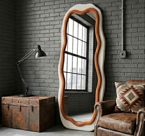 New Gen Wavy Mirror – Handcrafted Contrast-Trim Fabric Wall Décor