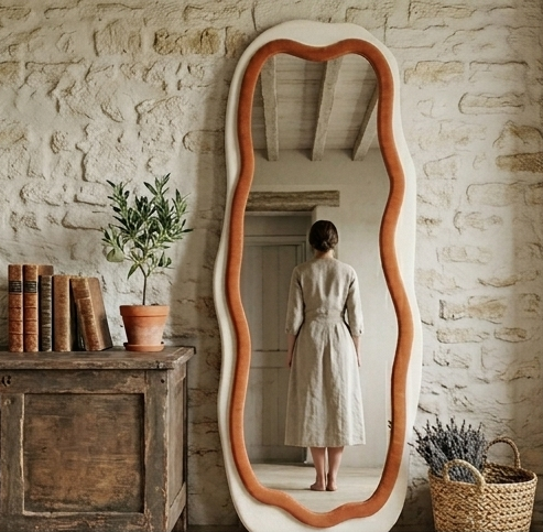 New Gen Wavy Mirror – Handcrafted Contrast-Trim Fabric Wall Décor